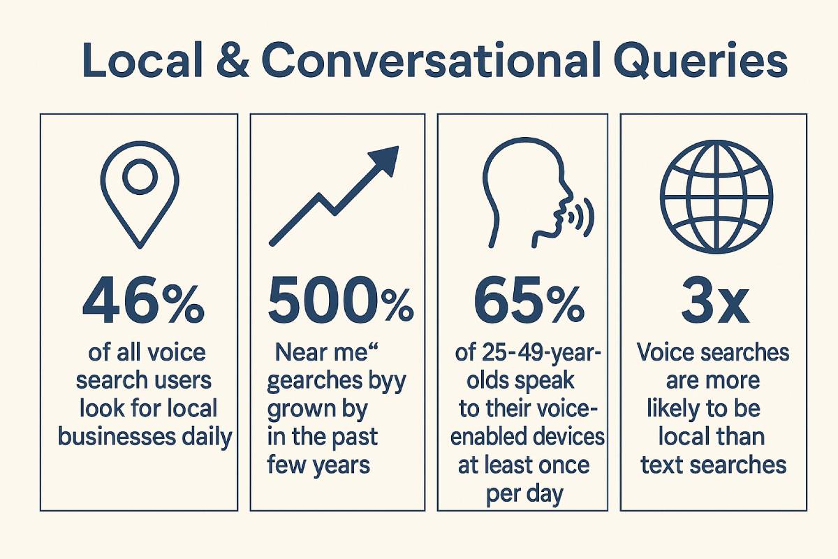 Voice search stats: 46% for local business, 500% rise in 'near me', 65% daily use, 3x more local than text.