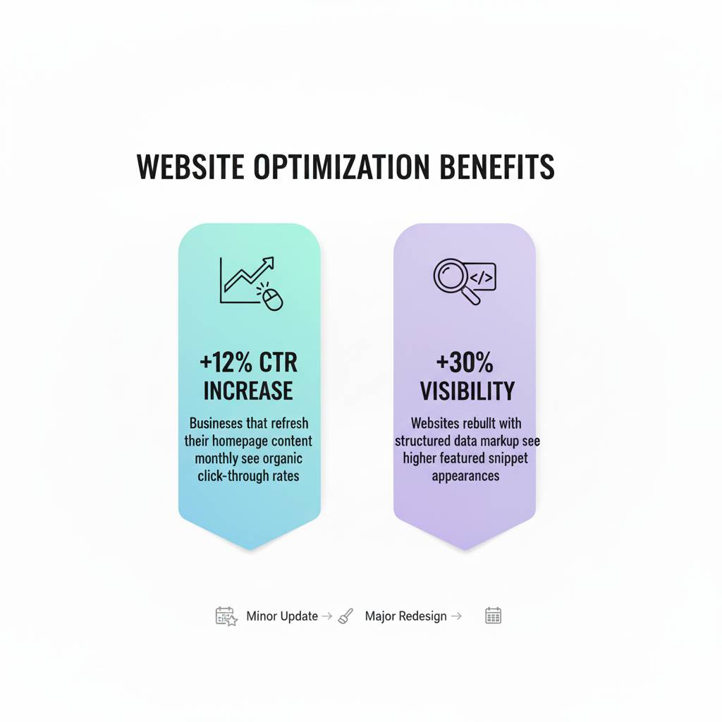 Infographic showing website optimization benefits: +12% CTR increase from monthly content refresh and +30% visibility from structured data markup Infographic showing website optimization benefits: +12% CTR increase from monthly content refresh and +30% visibility from structured data markup