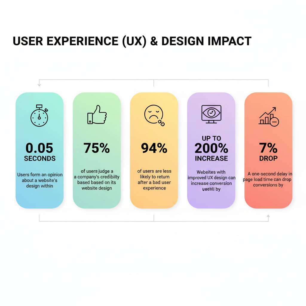 Infographic showing the impact of UX design on websites, highlighting 0.05 seconds for first impressions, 75% of users judge credibility, 94% are less likely to return after a bad experience, up to 200% conversion increase with better UX, and a 7% drop in conversions with a one-second delay in load time. Infographic showing the impact of UX design on websites, highlighting 0.05 seconds for first impressions, 75% of users judge credibility, 94% are less likely to return after a bad experience, up to 200% conversion increase with better UX, and a 7% drop in conversions with a one-second delay in load time.