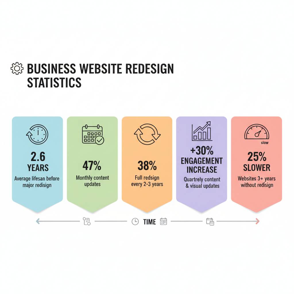 Infographic showing website redesign stats: 2.6 years lifespan, 47% update monthly, 38% redesign every 2-3 years, 30% engagement boost with quarterly updates, and 25% slower for websites 3+ years without redesign. Infographic showing website redesign stats: 2.6 years lifespan, 47% update monthly, 38% redesign every 2-3 years, 30% engagement boost with quarterly updates, and 25% slower for websites 3+ years without redesign.