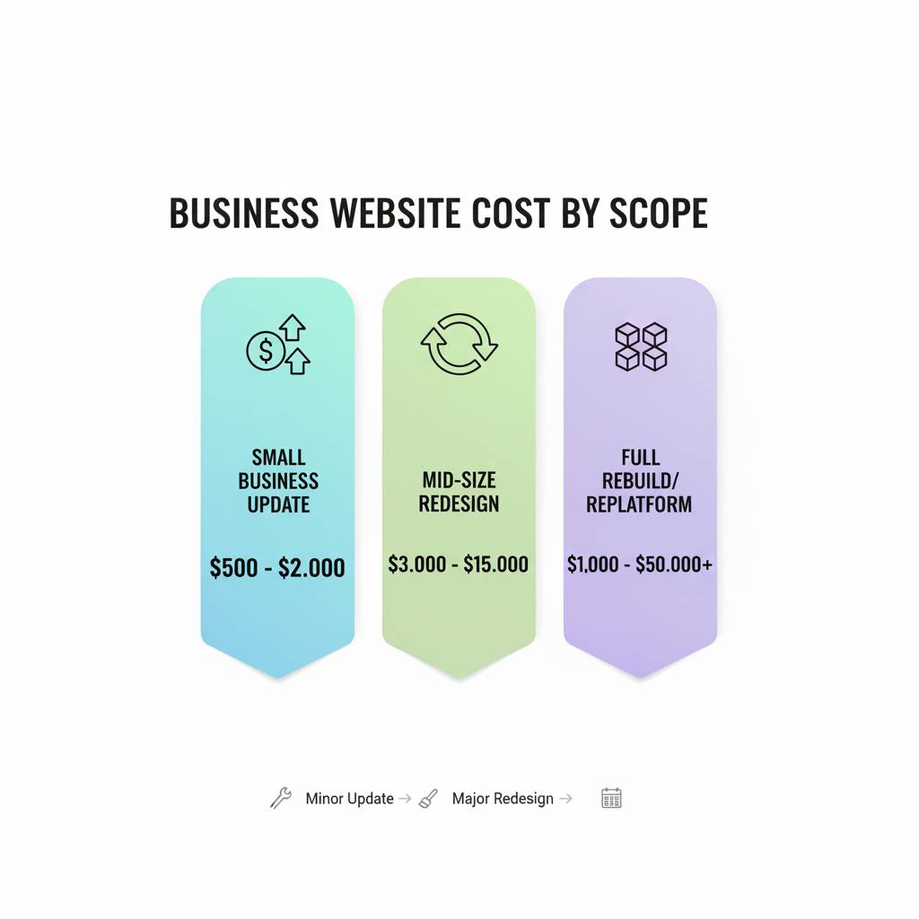 A graphic showing business website costs by scope: "Small Business Update" ($500-$2,000), "Mid-Size Redesign" ($3,000-$15,000), and "Full Rebuild/Replatform" ($1,000-$50,000+). A graphic showing business website costs by scope: "Small Business Update" ($500-$2,000), "Mid-Size Redesign" ($3,000-$15,000), and "Full Rebuild/Replatform" ($1,000-$50,000+).