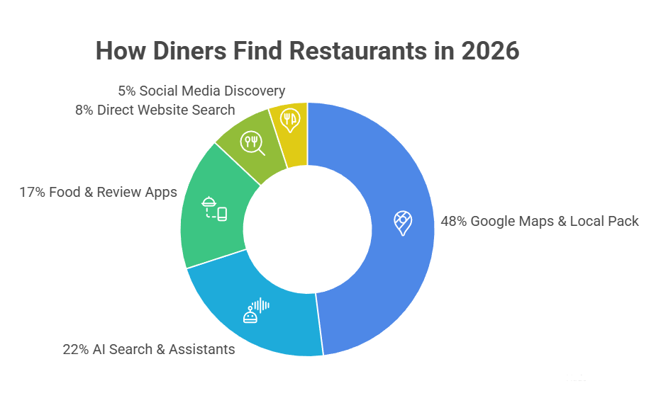 A donut chart titled "How Diners Find Restaurants in 2026" shows Google Maps & Local Pack (48%) and AI Search & Assistants (22%) as the top methods, followed by apps and direct search.