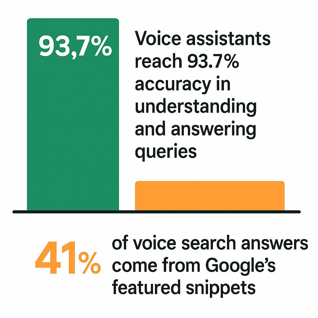 Voice assistants reach 93.7% accuracy; 41% of voice search answers come from Google’s featured snippets.