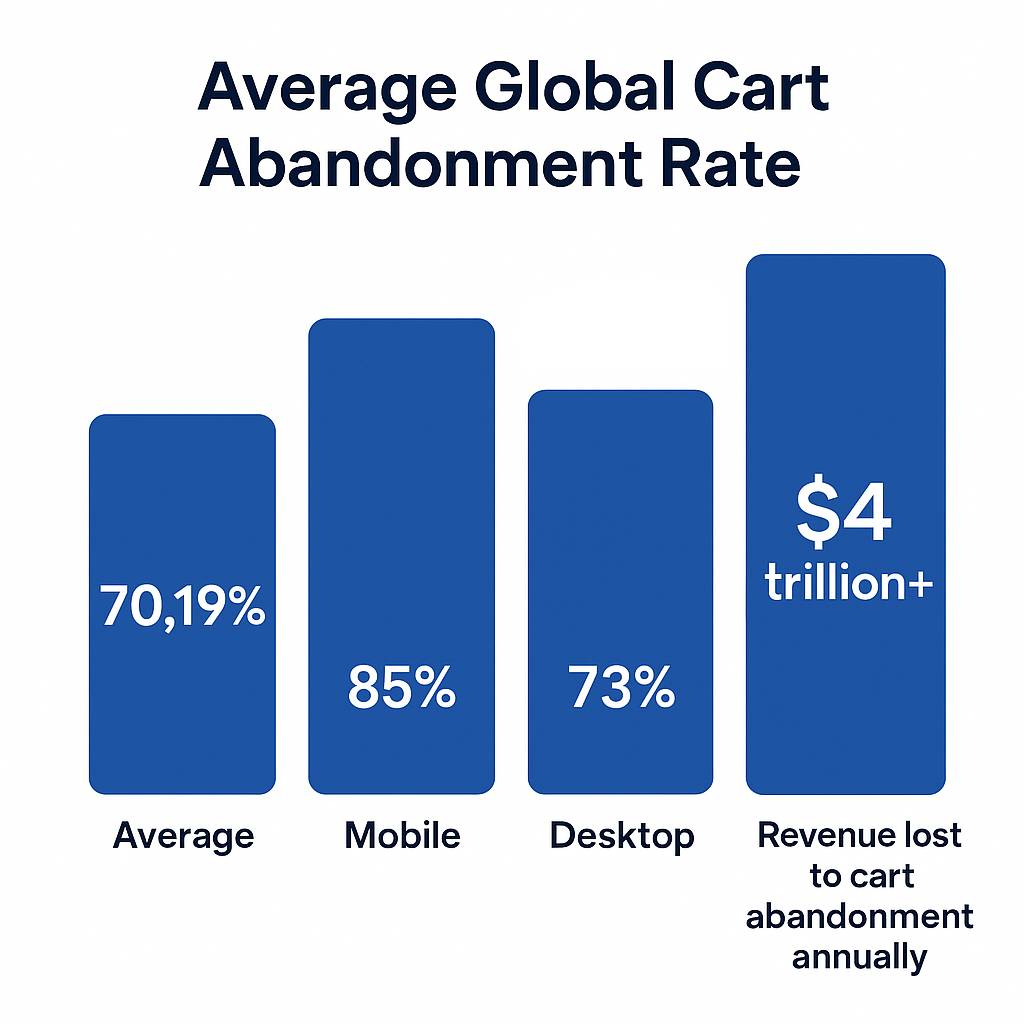 Bar chart showing average global cart abandonment rate. Average abandonment is 70.19%, mobile abandonment is 85%, desktop abandonment is 73%. Annual revenue lost to cart abandonment exceeds 4 trillion dollars. Bar chart showing average global cart abandonment rate. Average abandonment is 70.19%, mobile abandonment is 85%, desktop abandonment is 73%. Annual revenue lost to cart abandonment exceeds 4 trillion dollars.