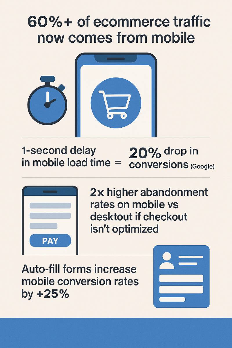 Infographic on mobile ecommerce checkout behavior. Over 60% of ecommerce traffic comes from mobile. A 1-second delay in mobile load time causes a 20% drop in conversions. Mobile checkout abandonment rates are twice as high as desktop if not optimized. Auto-fill forms increase mobile conversion rates by 25% Infographic on mobile ecommerce checkout behavior. Over 60% of ecommerce traffic comes from mobile. A 1-second delay in mobile load time causes a 20% drop in conversions. Mobile checkout abandonment rates are twice as high as desktop if not optimized. Auto-fill forms increase mobile conversion rates by 25%