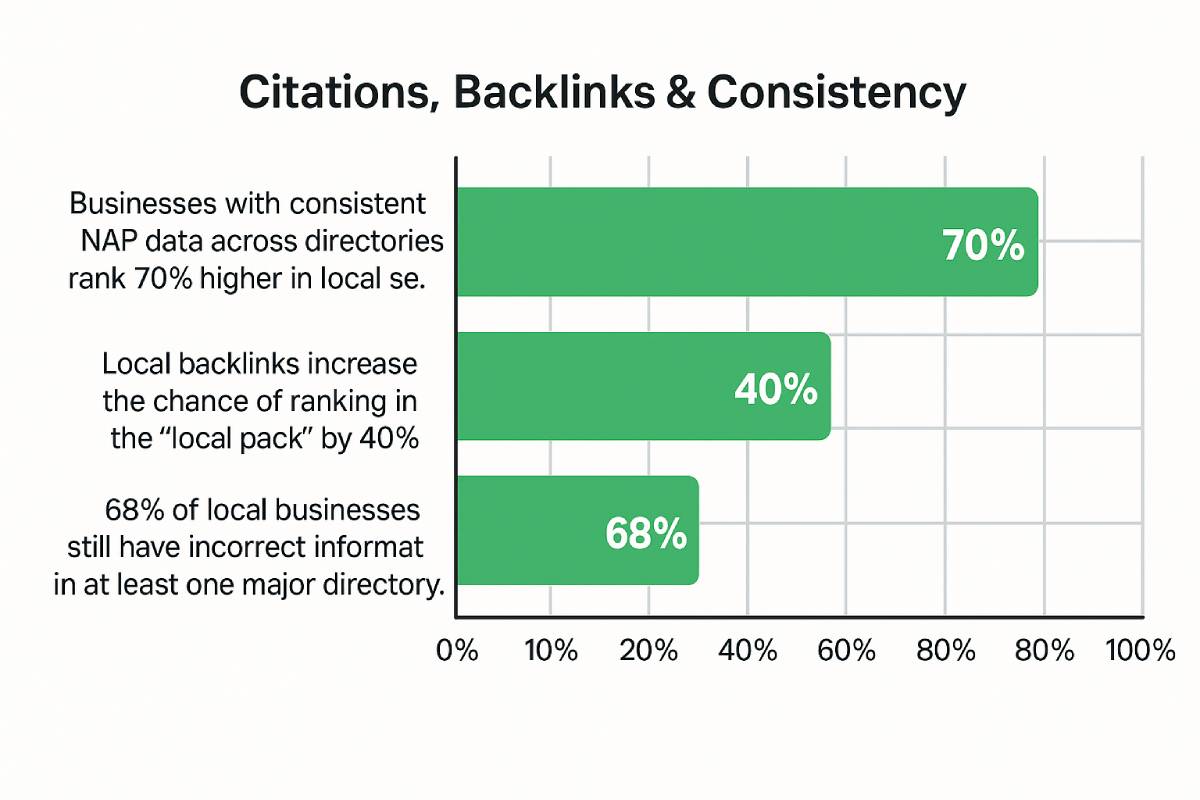 Bar chart showing statistics on citations, backlinks, and consistency: Businesses with consistent NAP data rank 70% higher in local search, local backlinks boost chances of ranking in the local pack by 40%, and 68% of local businesses still have incorrect information in at least one major directory. Bar chart showing statistics on citations, backlinks, and consistency: Businesses with consistent NAP data rank 70% higher in local search, local backlinks boost chances of ranking in the local pack by 40%, and 68% of local businesses still have incorrect information in at least one major directory.