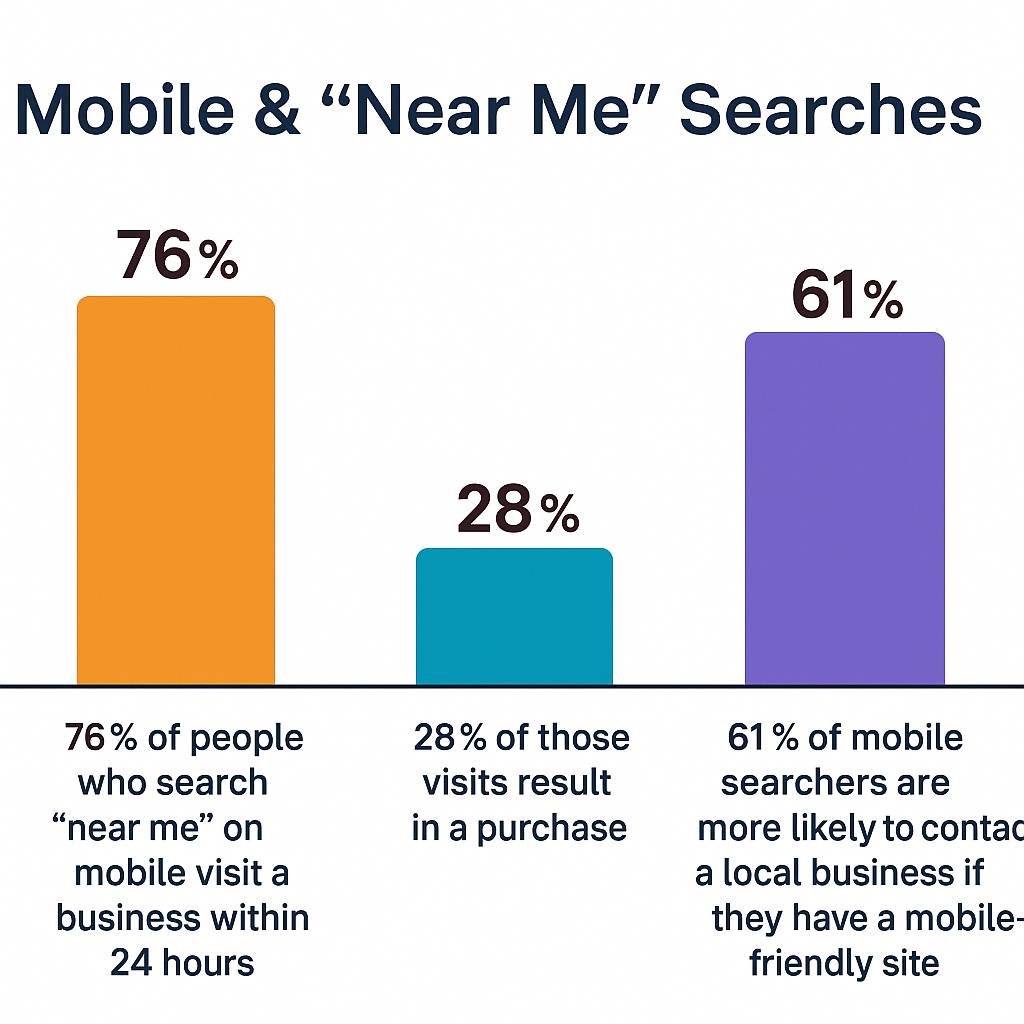 Bar chart showing mobile and “near me” search statistics: 76% of people who search “near me” on mobile visit a business within 24 hours, 28% of those visits result in a purchase, and 61% of mobile searchers are more likely to contact a local business if the site is mobile-friendly. Bar chart showing mobile and “near me” search statistics: 76% of people who search “near me” on mobile visit a business within 24 hours, 28% of those visits result in a purchase, and 61% of mobile searchers are more likely to contact a local business if the site is mobile-friendly.