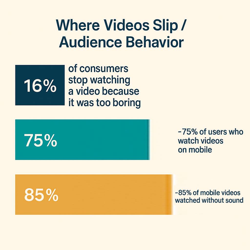Infographic on video behavior: 16% stop watching if boring, 75% watch on mobile, 85% of mobile videos are viewed without sound.