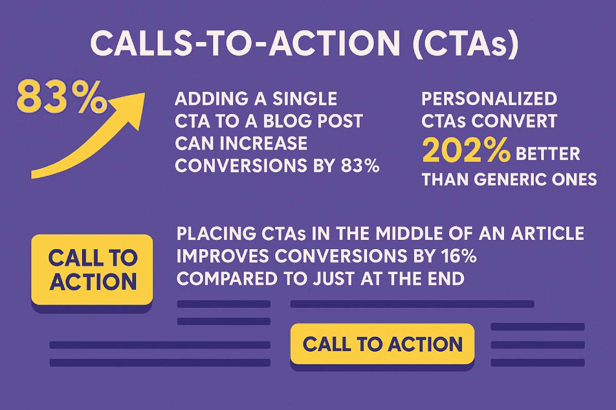 "Infographic: CTAs boost conversions—+83% with one, +202% when personalized, +16% when placed mid-article."