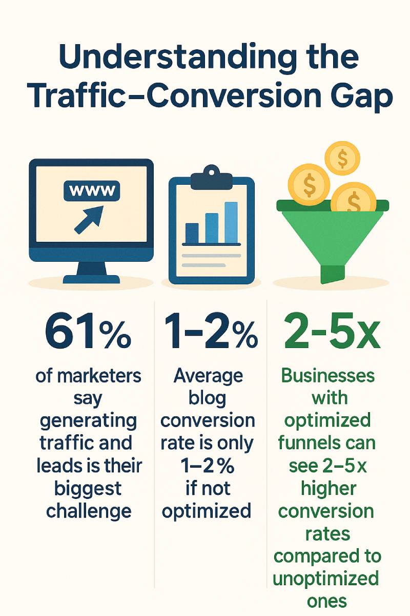 Infographic: 61% struggle with traffic, blogs convert 1–2%, optimized funnels boost conversions 2–5x.