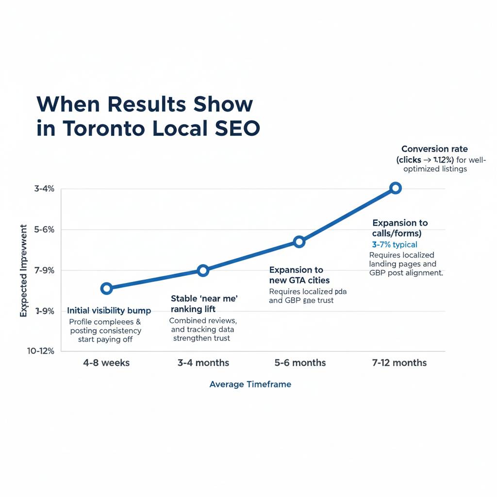 Graph showing expected improvement in Toronto Local SEO, with results ranging from initial visibility (4-8 weeks) to conversion rate increase (7-12 months)."