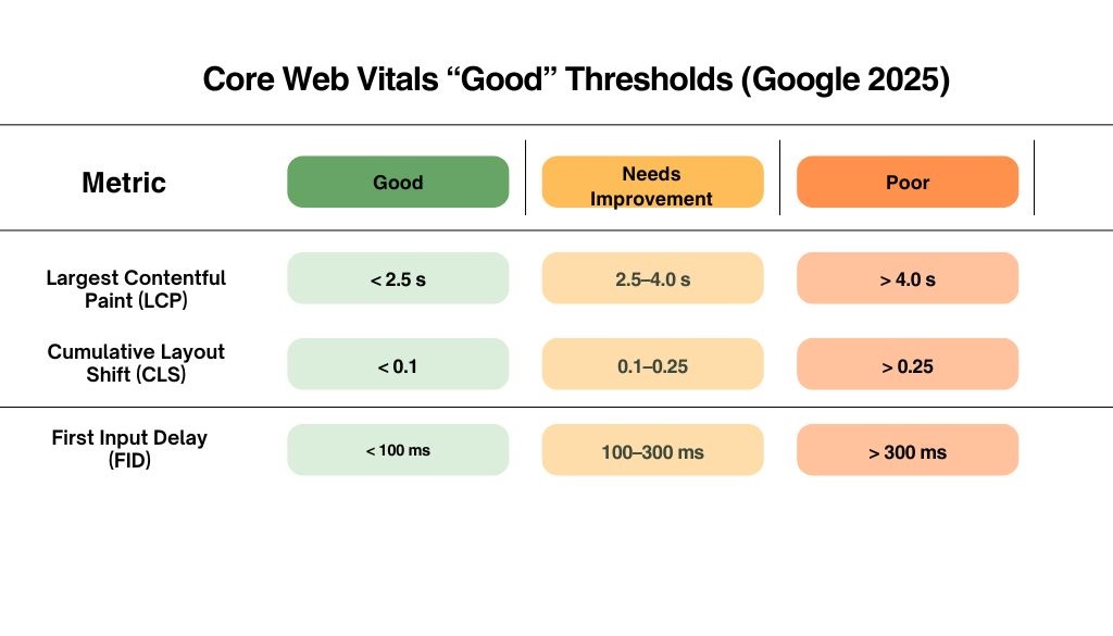 Google 2025 Core Web Vitals table showing: LCP (<2.5s good, >4s poor), CLS (<0.1 good, >0.25 poor), FID (<100ms good, >300ms poor). Google 2025 Core Web Vitals table showing: LCP (<2.5s good, >4s poor), CLS (<0.1 good, >0.25 poor), FID (<100ms good, >300ms poor).