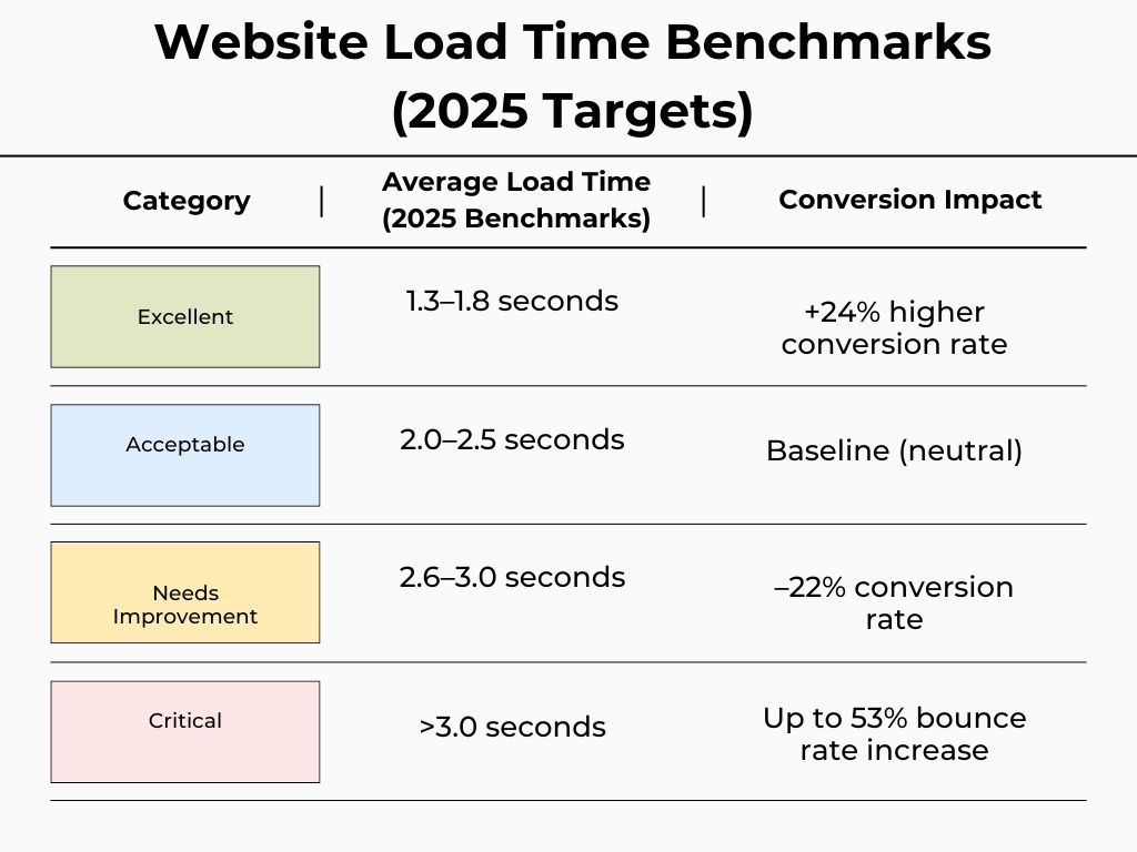 Table of 2025 website load time benchmarks showing: Excellent (1.3–1.8s, +24% conversions), Acceptable (2.0–2.5s, neutral), Needs Improvement (2.6–3.0s, –22%), and Critical (>3.0s, +53% bounce). Table of 2025 website load time benchmarks showing: Excellent (1.3–1.8s, +24% conversions), Acceptable (2.0–2.5s, neutral), Needs Improvement (2.6–3.0s, –22%), and Critical (>3.0s, +53% bounce).