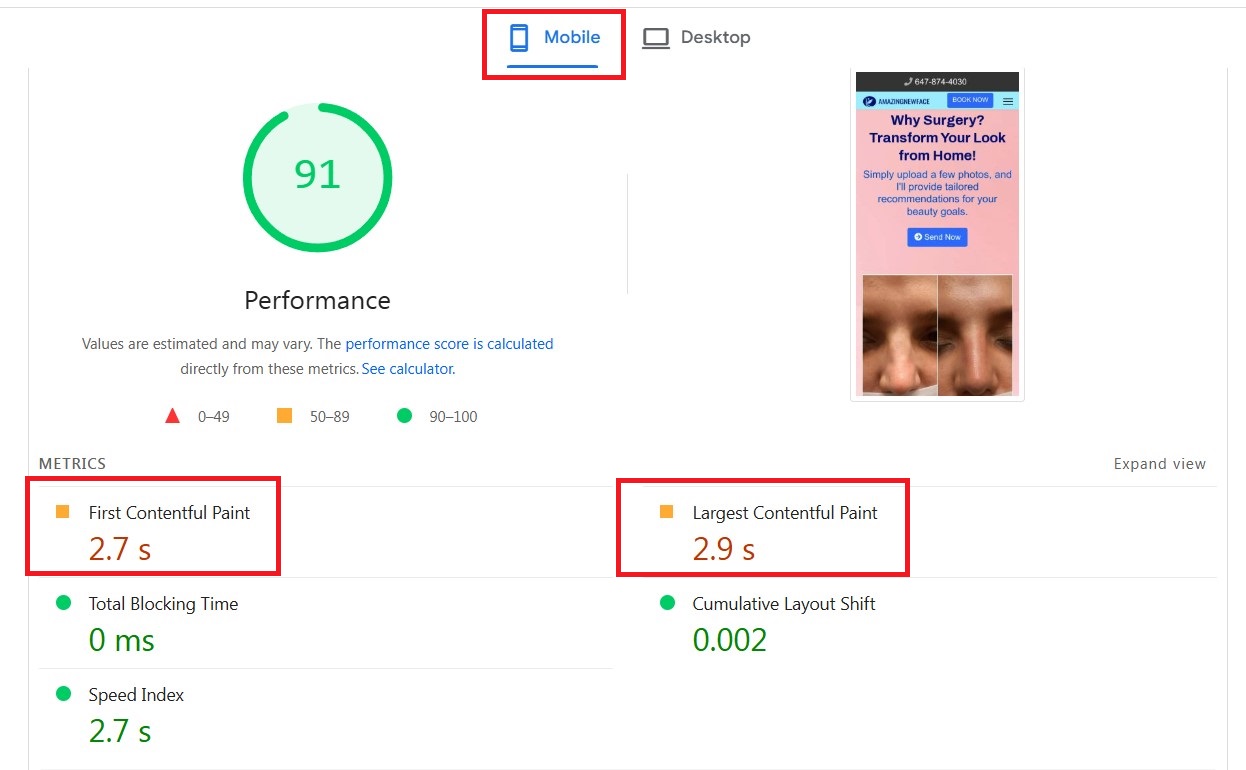 page speed test for amazingnewface