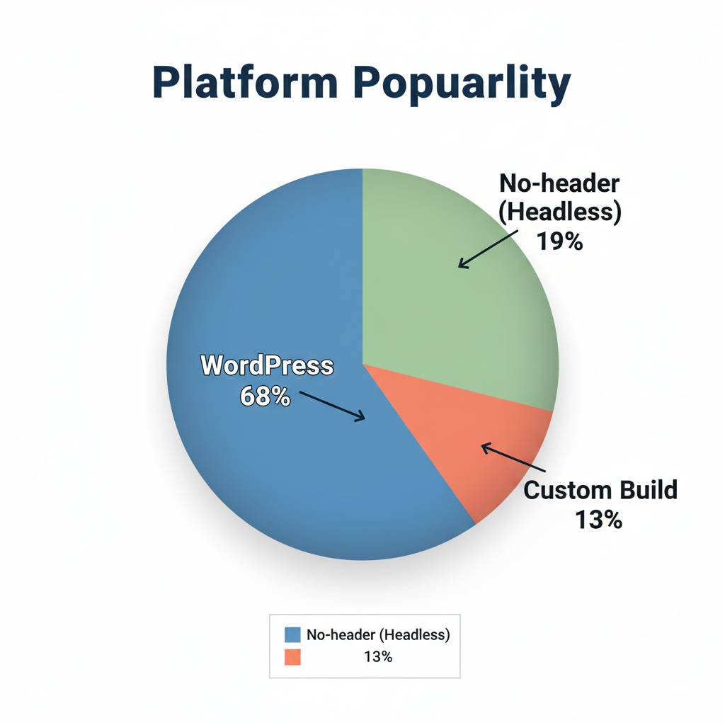Pie chart titled Platform Popularity showing WordPress 68%, No-header (Headless) 19%, and Custom Build 13%. Pie chart titled Platform Popularity showing WordPress 68%, No-header (Headless) 19%, and Custom Build 13%.