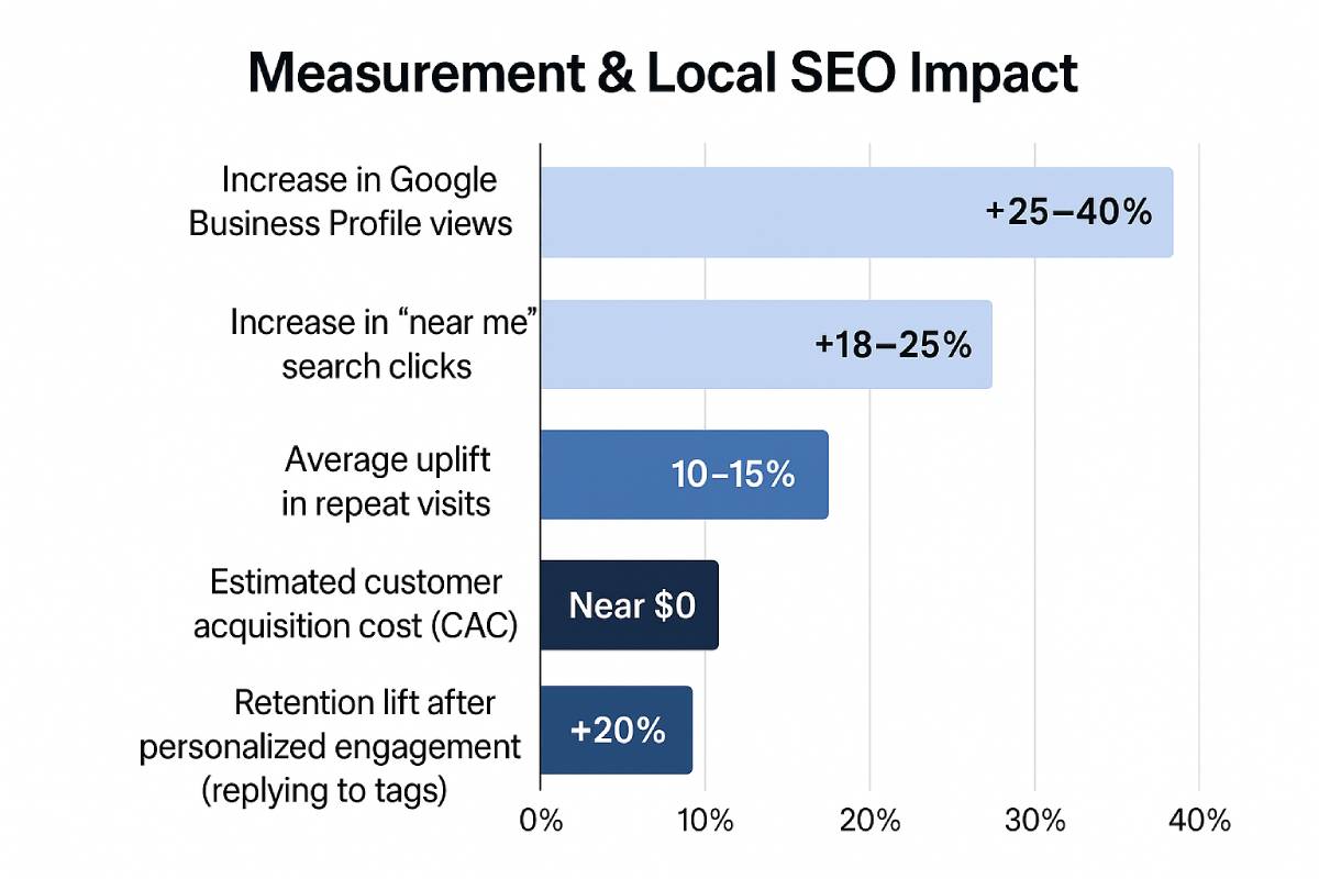 Bar chart titled “Measurement & Local SEO Impact” showing +25–40% increase in Google Business Profile views, +18–25% in “near me” clicks, 10–15% uplift in repeat visits, near $0 customer acquisition cost, and +20% retention lift after replying to tags.