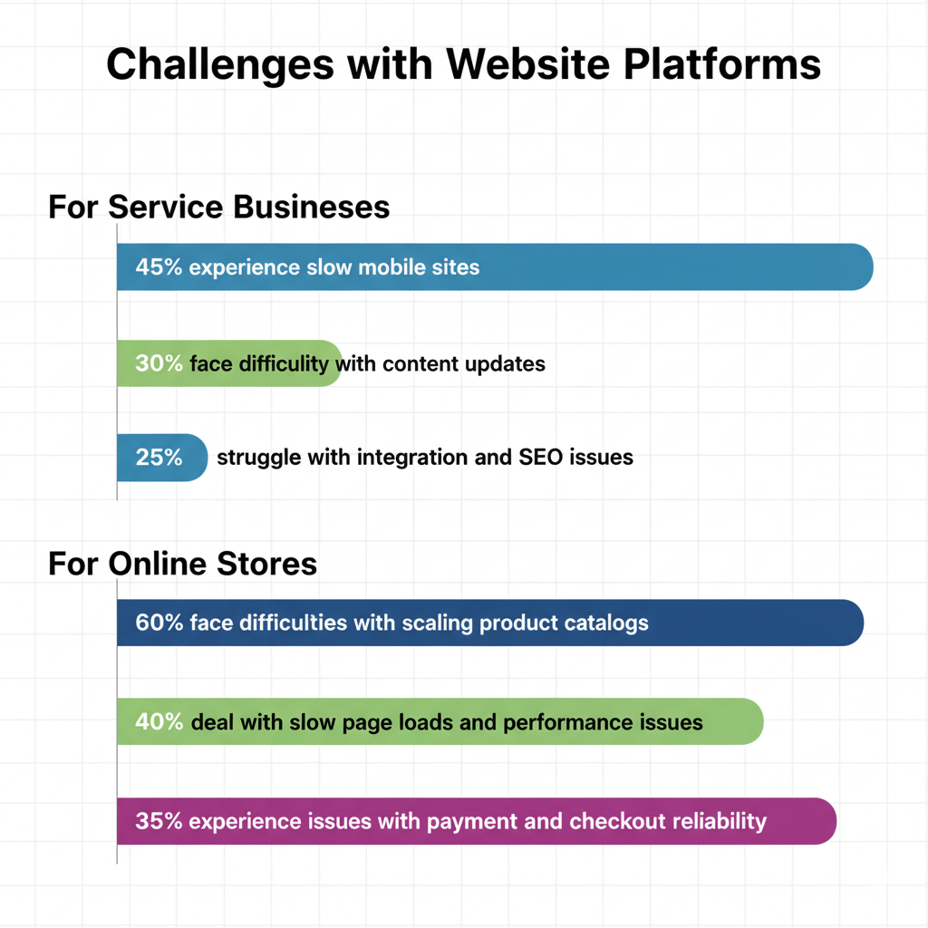 The image compares website challenges for service businesses and online stores. For service businesses, 45% face slow mobile sites, 30% struggle with content updates, and 25% have SEO issues. For online stores, 60% struggle with scaling product catalogs, 40% face slow page loads, and 35% have payment issues.
