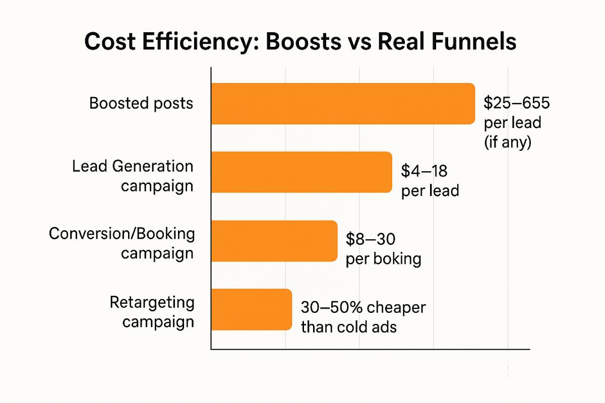 A bar chart titled “Cost Efficiency: Boosts vs Real Funnels” comparing advertising costs. Boosted posts show the highest cost at $25–$65 per lead. Lead generation campaigns cost $4–$18 per lead, conversion or booking campaigns cost $8–$30 per booking, and retargeting campaigns are 30–50% cheaper than cold ads.