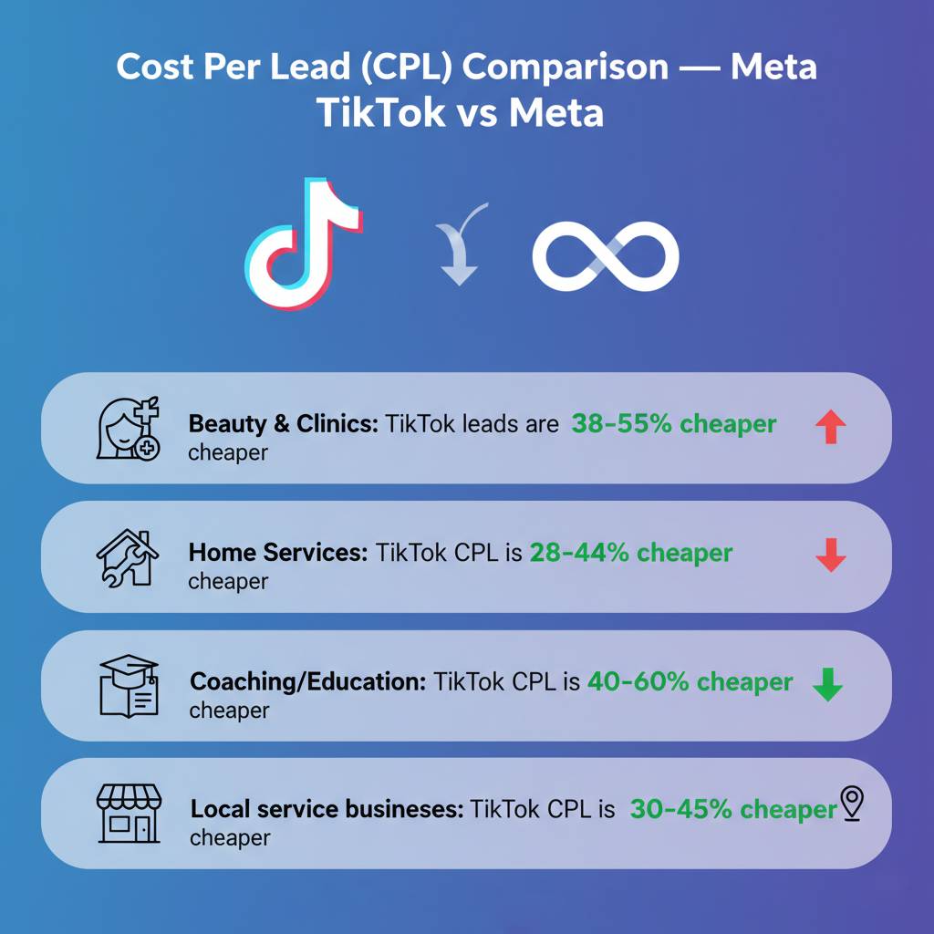Infographic comparing TikTok vs Meta Cost Per Lead (CPL). Shows TikTok leads are 38–55% cheaper for beauty and clinics, 28–44% cheaper for home services, 40–60% cheaper for coaching and education, and 30–45% cheaper for local service businesses. Includes icons for each industry and TikTok/Meta logos Infographic comparing TikTok vs Meta Cost Per Lead (CPL). Shows TikTok leads are 38–55% cheaper for beauty and clinics, 28–44% cheaper for home services, 40–60% cheaper for coaching and education, and 30–45% cheaper for local service businesses. Includes icons for each industry and TikTok/Meta logos