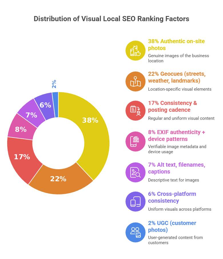 Donut chart showing Visual Local SEO ranking factors: 38% on-site photos, 22% geocues, 17% posting cadence, and smaller factors down to 2% UGC.
