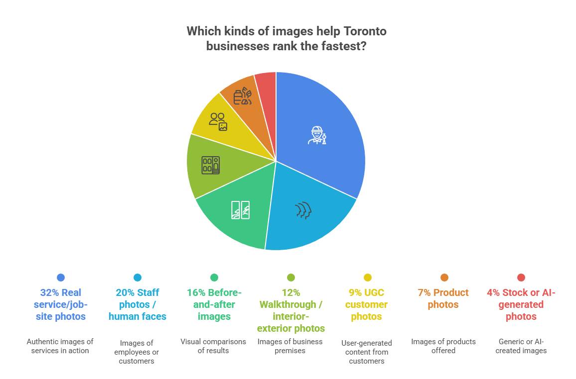 Pie chart showing which image types help Toronto businesses rank fastest: 32% real service photos, 20% staff photos, 16% before-and-after images, 12% walkthrough shots, 9% UGC, 7% product photos, 4% stock or AI images