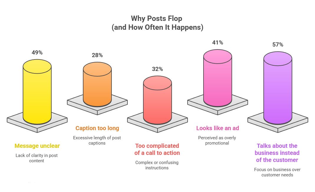 Chart showing top reasons social media posts flop: 49% unclear message, 28% long captions, 32% complicated call to action, 41% looks like an ad, 57% talks about business instead of customer. Chart showing top reasons social media posts flop: 49% unclear message, 28% long captions, 32% complicated call to action, 41% looks like an ad, 57% talks about business instead of customer.