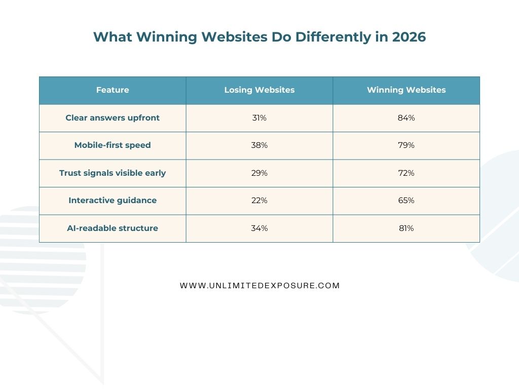 Table comparing losing and winning websites in 2026, showing higher performance for sites with clear answers, mobile speed, trust signals, interactivity, and AI-readable structure.