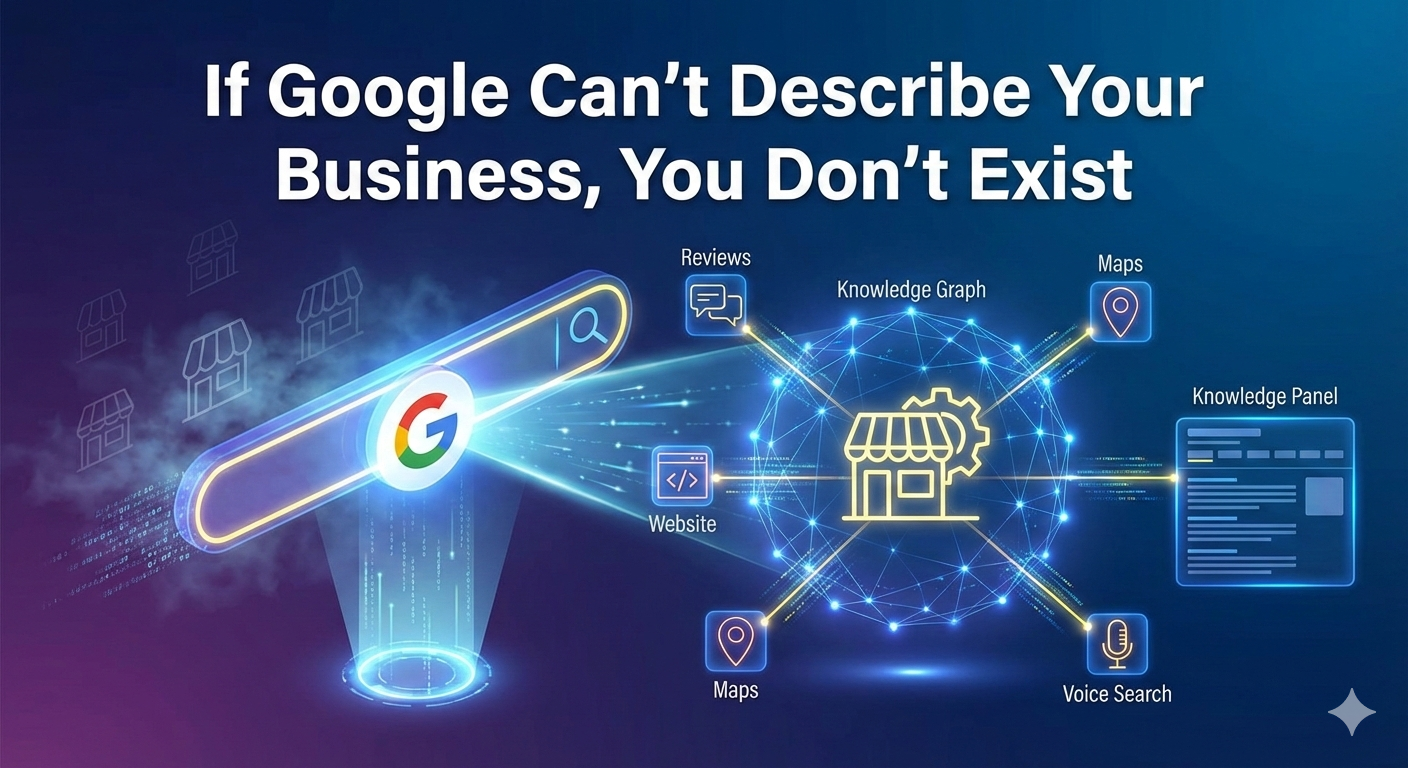 A digital infographic titled "If Google Can’t Describe Your Business, You Don’t Exist." It displays a Google search bar scanning a knowledge graph. Connected nodes include Reviews, Maps, Website, and Voice Search, illustrating how Google identifies a business entity and displays it within a Search Knowledge Panel.