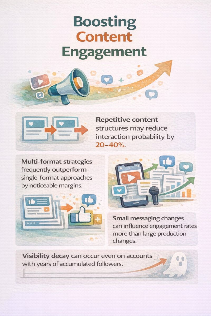 Minimal infographic about content engagement showing: repetitive structures reducing interaction by 20–40%, multi-format strategies outperforming single-format, small messaging changes impacting engagement, trust linked to variation, and visibility decay over time even with many followers.