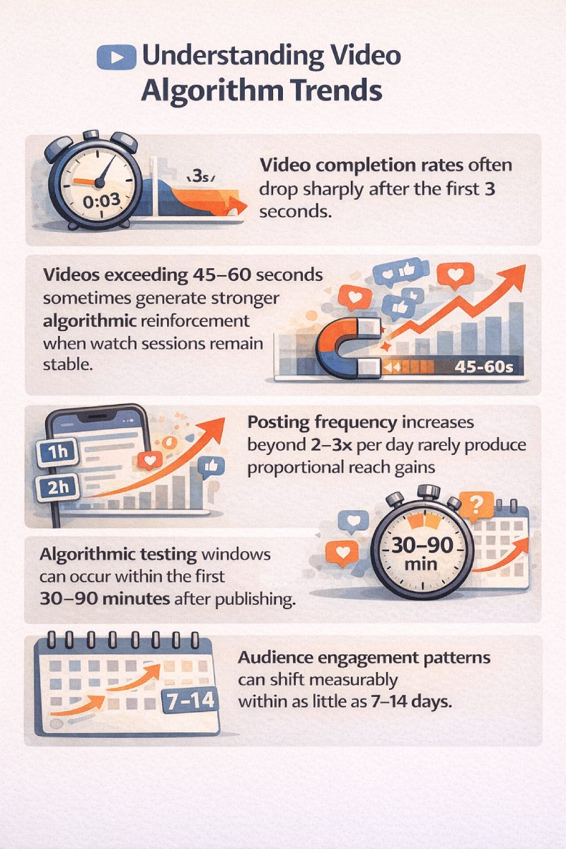 Simple infographic summarizing video algorithm trends: sharp drop in completion after 3 seconds, stronger reinforcement for stable 45–60 second videos, limited reach gains beyond 2–3 posts per day, 30–90 minute testing window, and engagement shifts within 7–14 days.