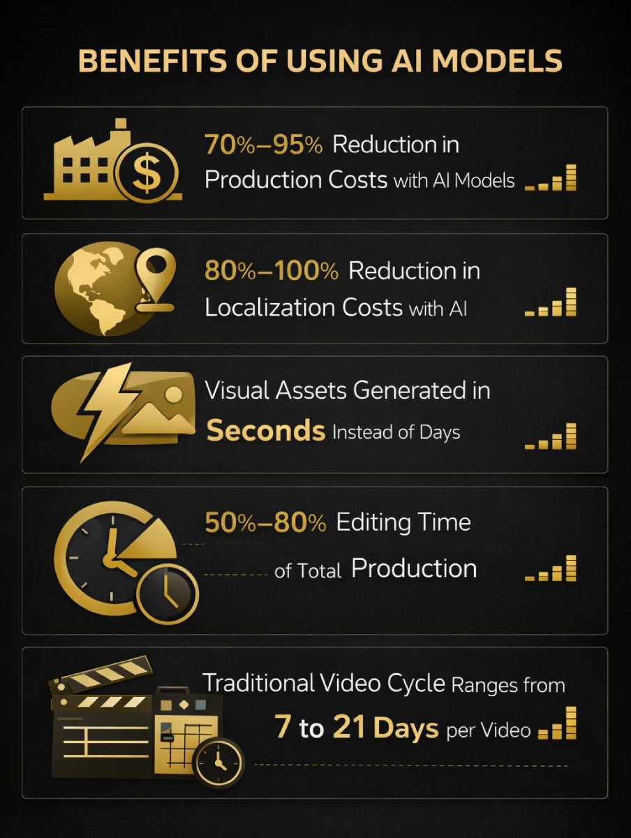 Corporate infographic showing AI benefits: 70–95% cost reduction, 80–100% localization savings, assets generated in seconds, 50–80% editing time, and 7–21-day traditional video cycles.