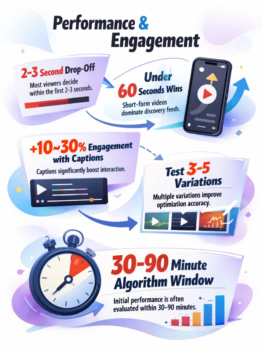 Infographic titled "Performance & Engagement" on a white background showing key video marketing insights including 2–3 second drop-off, under 60-second videos, 10–30% engagement boost with captions, testing 3–5 variations, and a 30–90 minute algorithm window, illustrated with a phone screen, video player, analytics charts, and a stopwatch in a clean modern vector style.
