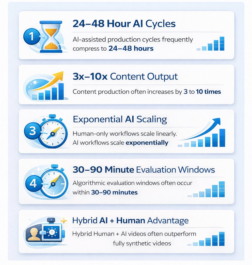 Modern light-themed infographic titled “Speed & Workflow Compression” with five stacked cards highlighting: 24–48-hour AI cycles, 3×–10× content output, exponential AI scaling vs linear human scaling, 30–90-minute evaluation windows, and hybrid AI + human video performance, illustrated with blue icons and clean layout.