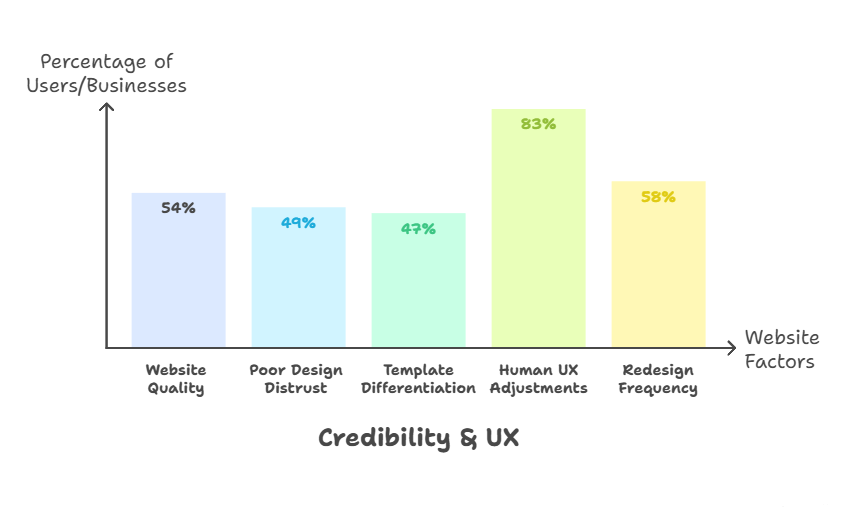 Bar chart titled “Credibility & UX” showing percentage of users/businesses by website factors. Five vertical bars display: 54% Website Quality, 49% Poor Design Distrust, 47% Template Differentiation, 83% Human UX Adjustments (highest), and 58% Redesign Frequency. The horizontal axis is labeled “Website Factors,” and the vertical axis is labeled “Percentage of Users/Businesses.”