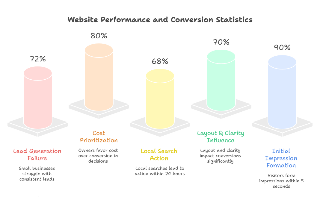 Bar chart titled “Website Performance and Conversion Statistics” showing five vertical cylindrical bars with percentages: 72% Lead Generation Failure (small businesses struggle with consistent leads), 80% Cost Prioritization (owners favor cost over conversion), 68% Local Search Action (local searches lead to action within 24 hours), 70% Layout & Clarity Influence (layout and clarity impact conversions significantly), and 90% Initial Impression Formation (visitors form impressions within 5 seconds).