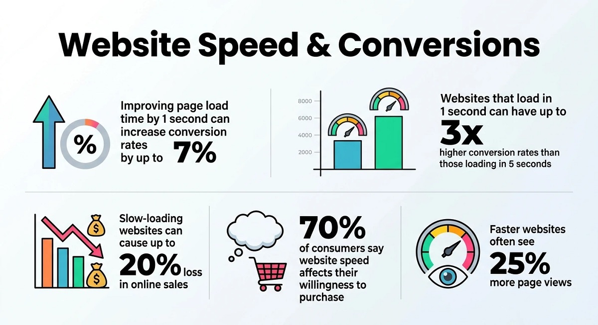 Infographic on website speed and conversions showing that faster pages increase conversions, while slow websites reduce sales and engagement.