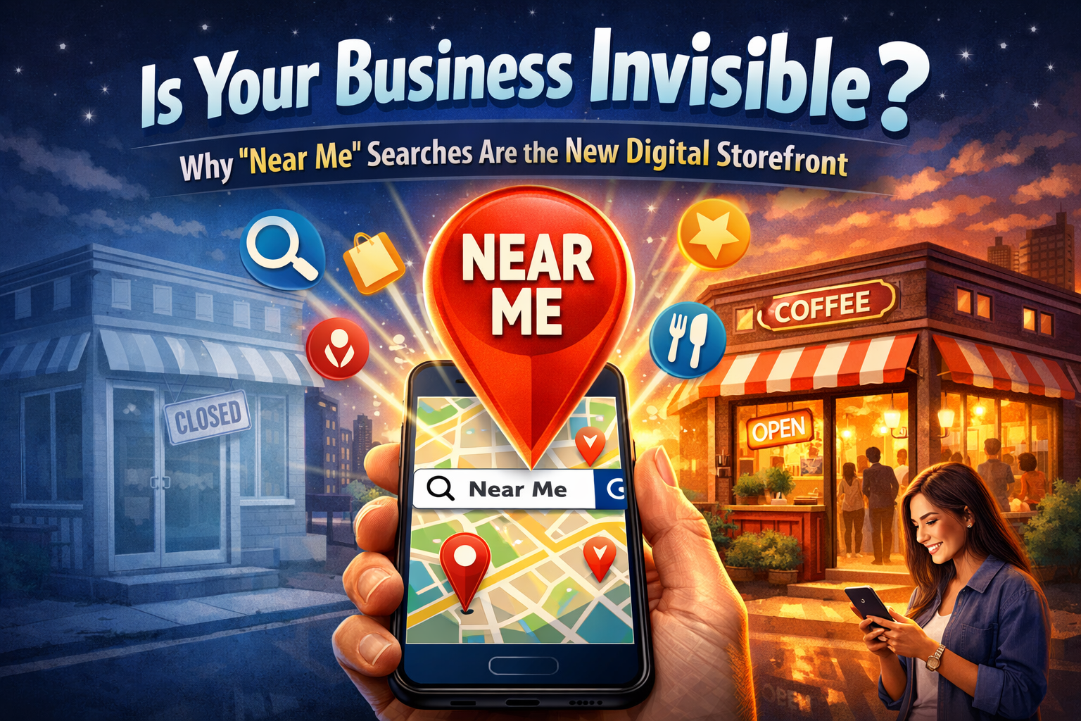 Illustration of ‘near me’ search on mobile showing local businesses, comparing a closed store vs a thriving coffee shop with customers.