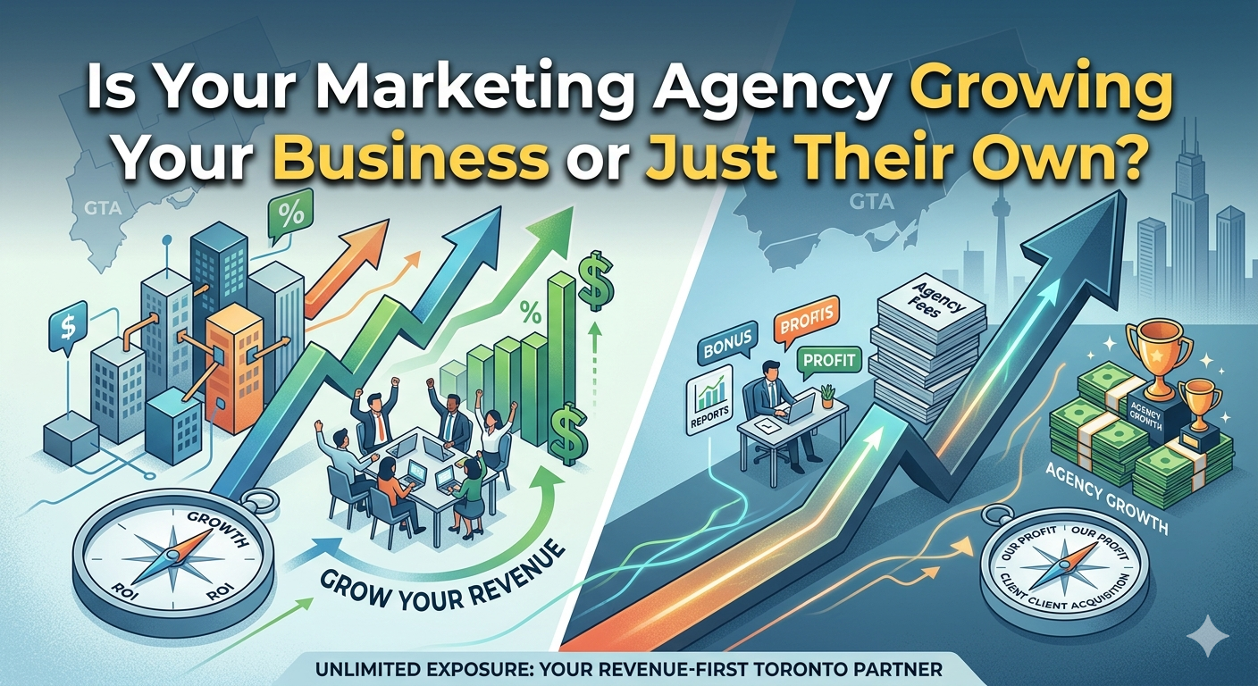 A split-screen conceptual illustration for a Toronto digital marketing blog. The left side, labeled "Grow Your Revenue," shows a business team celebrating around a rising green graph and a compass pointing to ROI. The right side, labeled "Agency Growth," shows an agency office focused on stacks of fees and trophies. The headline reads: "Is Your Marketing Agency Growing Your Business or Just Their Own?" and includes the Unlimited Exposure branding at the bottom.