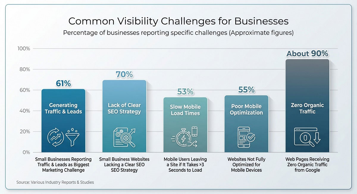 Infographic showing common visibility challenges for businesses, including 61% struggling to generate traffic and leads, 70% lacking a clear SEO strategy, 53% slow mobile load times, 55% poor mobile optimization, and about 90% of web pages receiving zero organic traffic from Google.