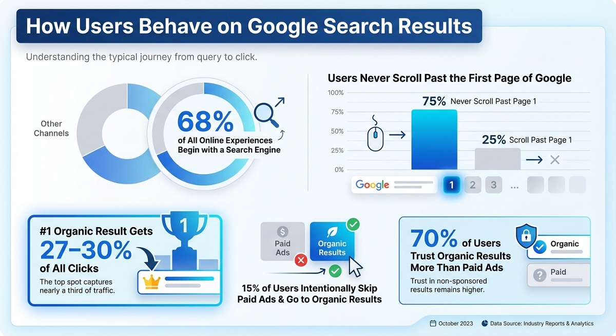 Infographic showing Google search behavior statistics—68% of online experiences start with a search engine, 75% of users stay on page one, the #1 organic result gets 27–30% of clicks, and 70% of users trust organic results more than paid ads.