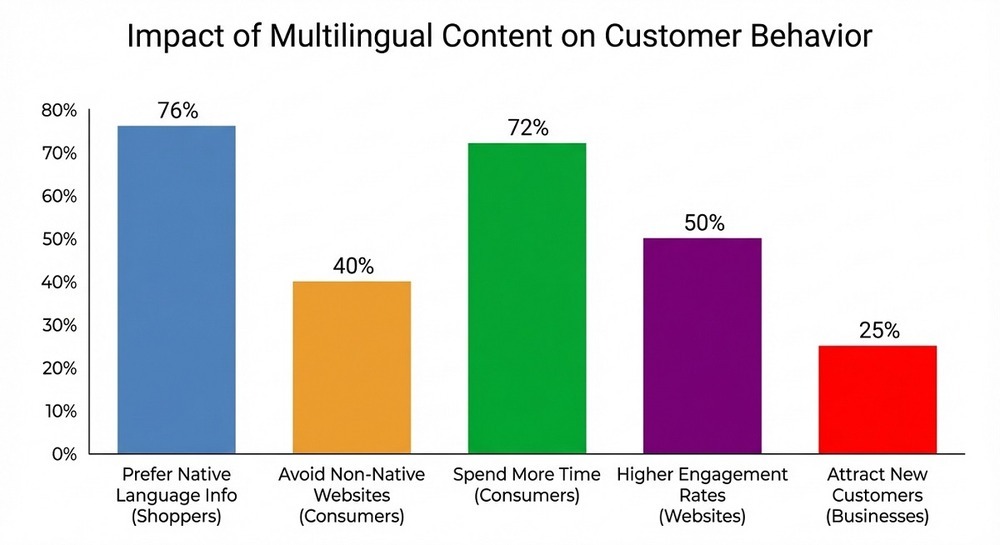 Bar chart showing the impact of multilingual content: 76% prefer native language information, 40% avoid non native websites, 72% spend more time on native language sites, engagement increases by 50%, and 25% of businesses attract new customers.