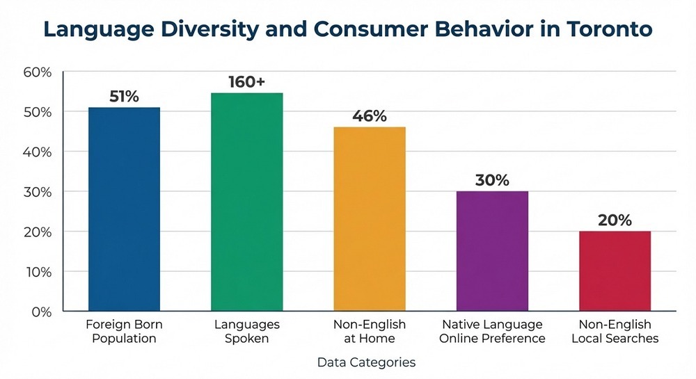 Bar chart titled “Language Diversity and Consumer Behavior in Toronto.” It shows 51% foreign born population, 160+ languages spoken, 46% speak a non English language at home, 30% prefer native language online content, and 20% of local searches are in non English languages.
