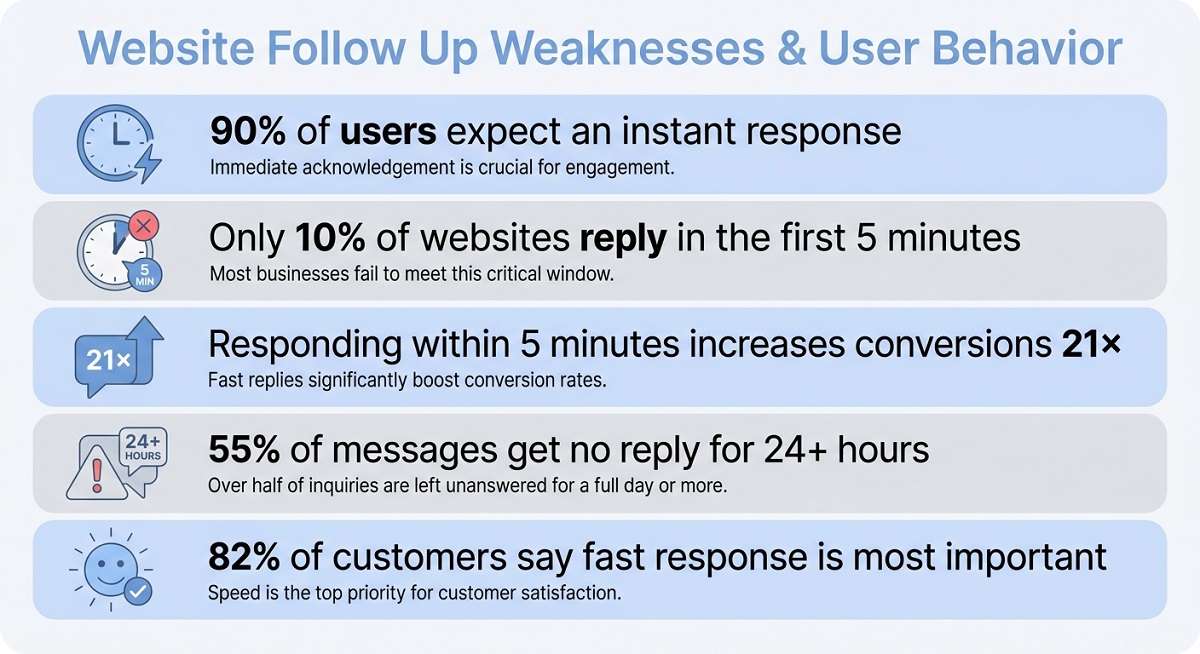 Infographic showing website follow up gaps: 90% of users expect instant responses, only 10% of websites reply within 5 minutes, replying within 5 minutes increases conversions 21×, 55% of messages wait 24+ hours, and 82% of customers say fast responses matter most.Infographic showing website follow up gaps: 90% of users expect instant responses, only 10% of websites reply within 5 minutes, replying within 5 minutes increases conversions 21×, 55% of messages wait 24+ hours, and 82% of customers say fast responses matter most.