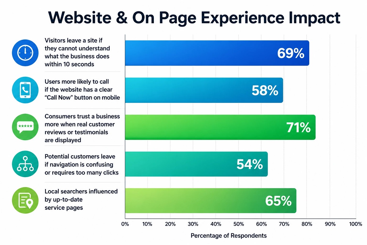 Infographic showing website experience stats, including clarity, call buttons, reviews, navigation, and updated pages impacting user decisions.