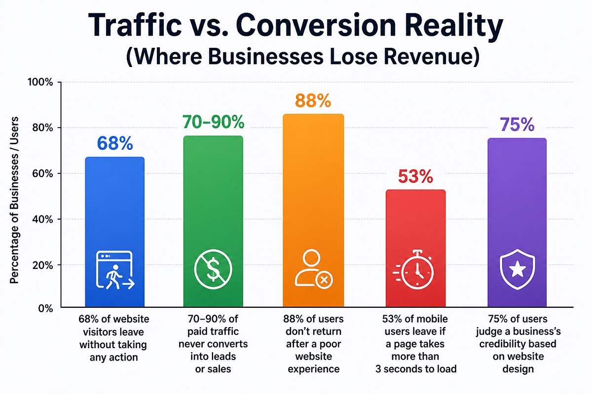Bar chart showing traffic vs. conversion reality, highlighting high drop-off rates, low conversion from paid traffic, and the impact of poor user experience and slow load times. Bar chart showing traffic vs. conversion reality, highlighting high drop-off rates, low conversion from paid traffic, and the impact of poor user experience and slow load times.