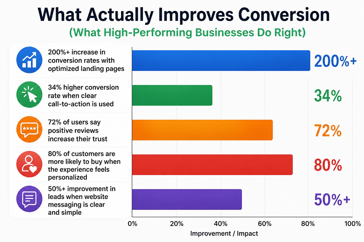 Bar chart showing key factors that improve conversion rates, including optimized landing pages, clear CTAs, reviews, personalization, and simple messaging. Bar chart showing key factors that improve conversion rates, including optimized landing pages, clear CTAs, reviews, personalization, and simple messaging.
