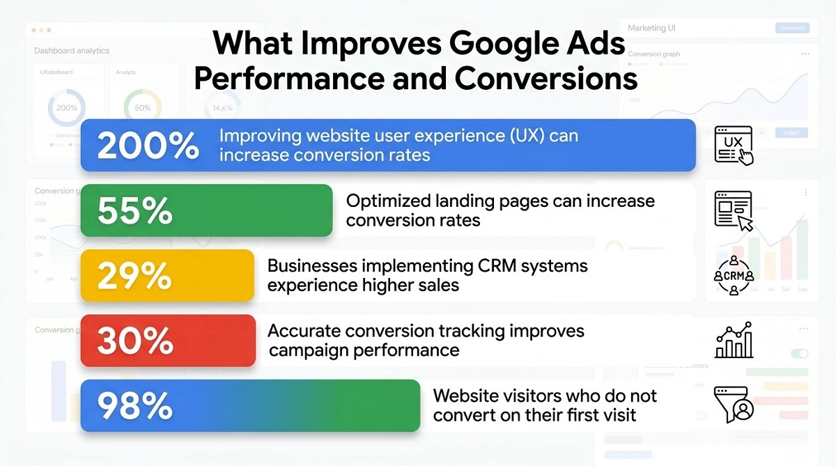 Infographic showing statistics on factors that improve Google Ads performance, including UX improvements, optimized landing pages, CRM adoption, accurate conversion tracking, and visitor behavior percentages.