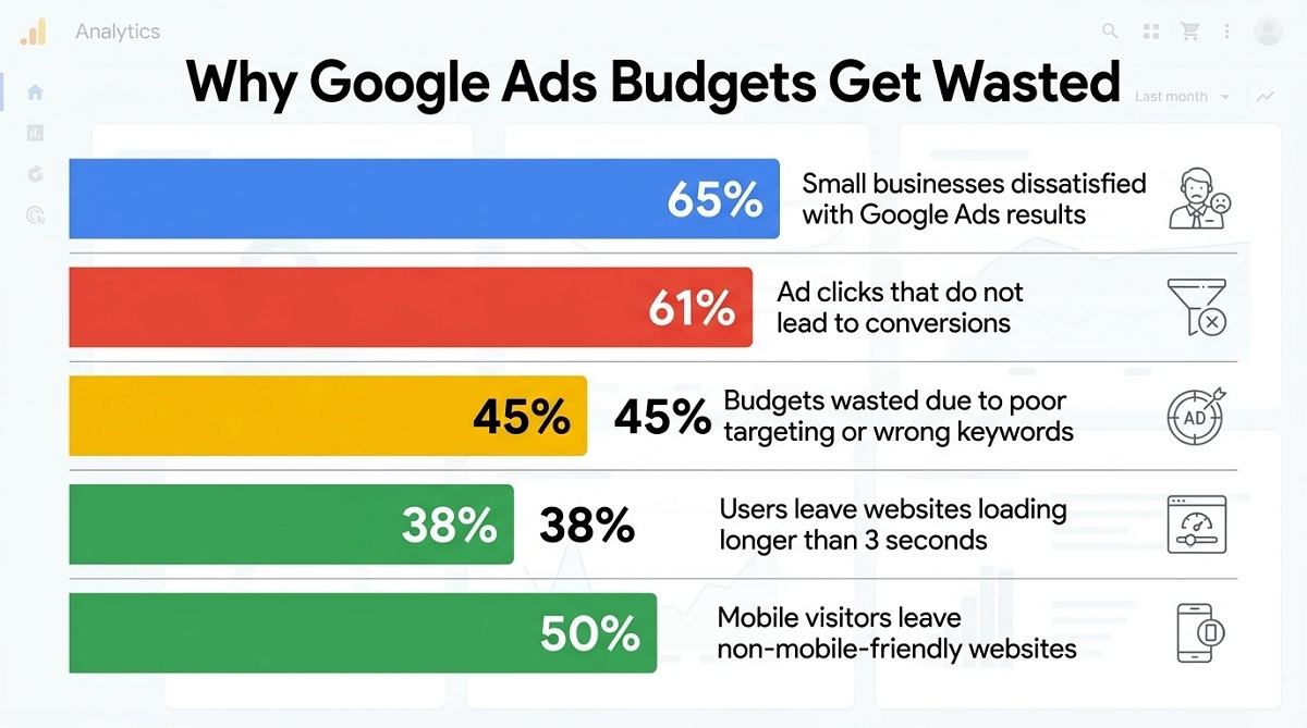 Infographic explaining why Google Ads budgets are wasted, highlighting issues like low conversions, poor targeting, slow websites, and lack of mobile optimization with percentage statistics.
