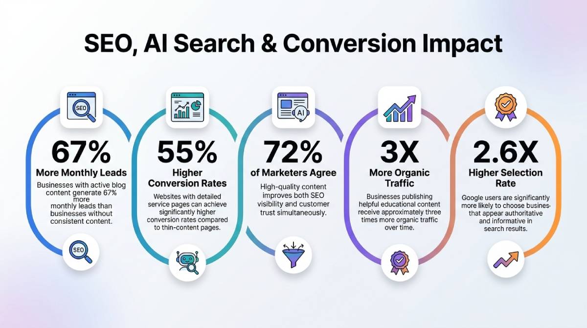 Infographic showing SEO and AI search impact: 67% more leads, 55% higher conversions, 72% marketer agreement on content quality, 3× organic traffic, and 2.6× higher selection rate. Infographic showing SEO and AI search impact: 67% more leads, 55% higher conversions, 72% marketer agreement on content quality, 3× organic traffic, and 2.6× higher selection rate.