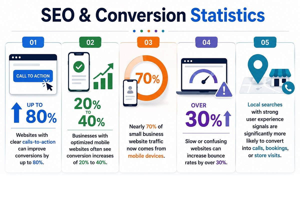 Infographic showing SEO and conversion statistics related to mobile traffic, bounce rates, calls-to-action, and local search conversions Infographic showing SEO and conversion statistics related to mobile traffic, bounce rates, calls-to-action, and local search conversions